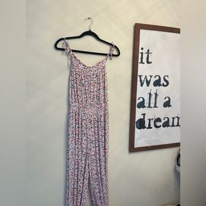 LOFT Beach Floral Bow Strap Smocked Jumpsuit